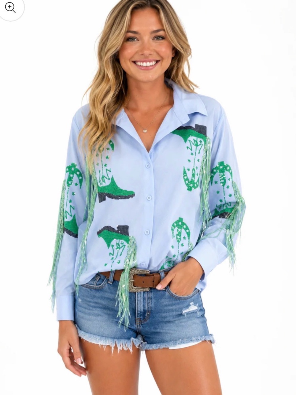 Light Blue Button-Up Shirt with Green Boot Print and Fringe sequin western